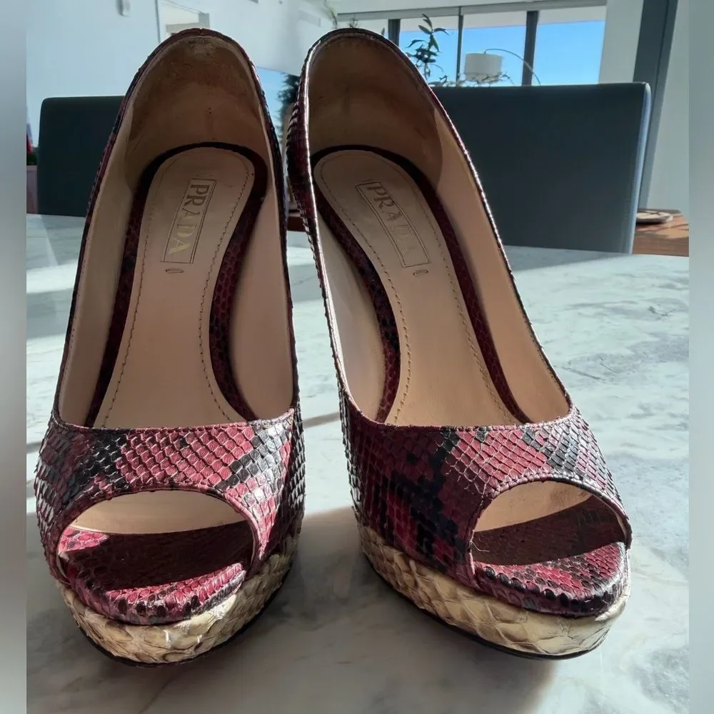 Prada Women's Burgundy and Beige Snakeskin Peep Toe Heels